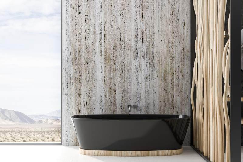 Inspirująca łazienka w szarych odcieniach z dodatkiem drewna